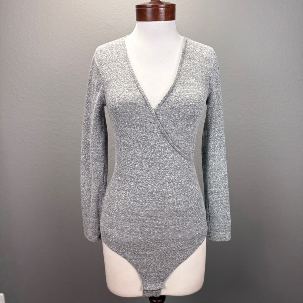 Madewell NWT Heather Grey Faux Wrap Thong V-Neck Long Sleeve Bodysuit Sz S